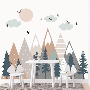 Mountain Wall Decal - Nursery Decor - Woodland Wall Mural - Pine Tree Wall Decals - Reusable and Removable Wall Stickers