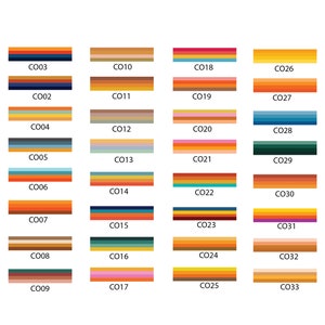 May include: A chart of 33 color swatches, each labeled with a code. The colors range from light to dark and include shades of orange, yellow, brown, blue, green, pink, and red.