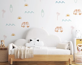 Muurstickers met oceaanmotief, muurstickers met surfgolven in retrostijl, palmboomstickers, zonstickers, strandthema muurstickers voor jongenskamer, cadeau voor baby