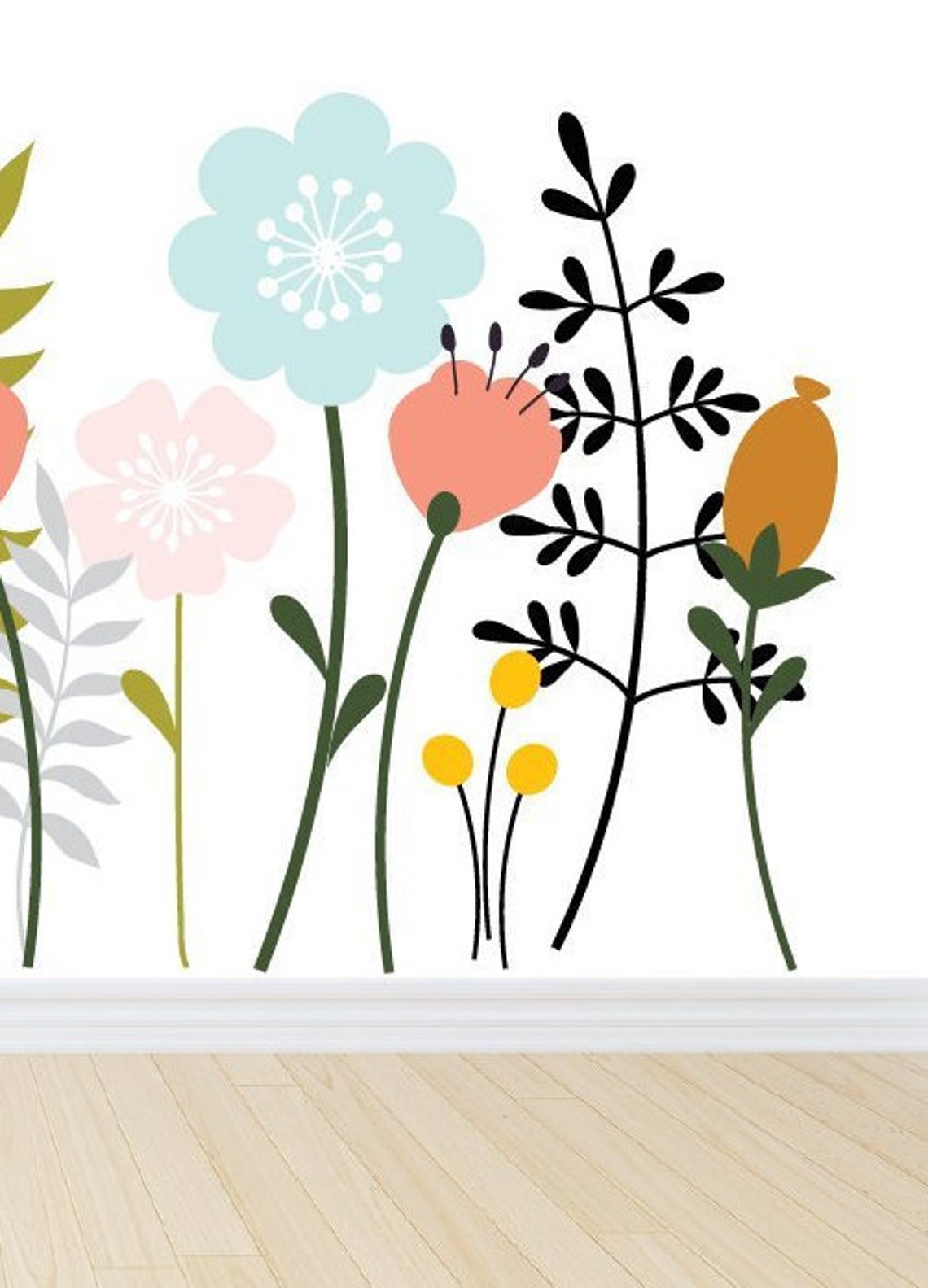 Large Flower Wall Decals With Stems Wall Decals Vinyl Wall Etsy