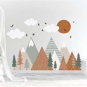 Mountain Wall Decals / Mountain Wall Mural / Boho Woodland / Forest / Pine Tree Fabric Wall Decal / Peel and Stick Vinyl Decals