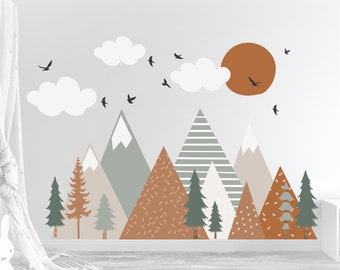 Mountain Wall Decals / Mountain Wall Mural / Boho Woodland / Forest / Pine Tree Fabric Wall Decal / Peel and Stick Vinyl Decals