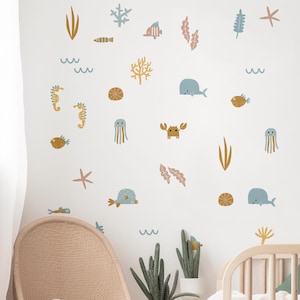 Retro Beach Vinyl Wall Decals: Sea Animals, Surf Wave