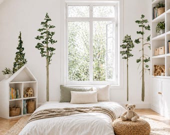 Watercolor Pine Tree Wall Decals, Forest Wall Decal Set, Peel and Stick Trees, Woodland Wall Art, Nursery Wall Decals, Removable Trees