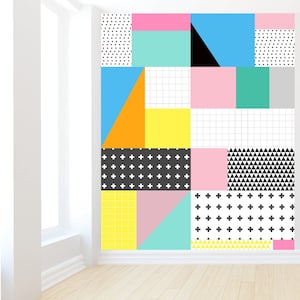 Retro Funky Eighties Memphis Pattern,Self-Adhesive Vinyl  Wallpaper, Vinyl Sticker Wallpaper, Geometric Pattern, Colorful Wallpaper