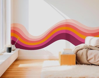Vinyl Wall Decal: Berry and Blush Rainbow Stripes, Wavy Retro 70s Office Wall Decor