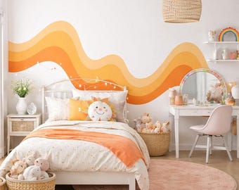 Vinyl Wall Decal: Orange Wavy Retro Rainbow Stripe, Groovy 70s Nursery Wall Art