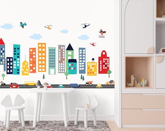 Colorful Cityscape Wall Decal for Kids Room, Peel and Stick Fabric Mural