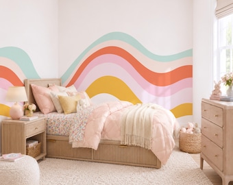 Retro gewellte Streifen Wandtattoos, abnehmbare Schale & Stick, Kinderzimmer Kinderzimmer Wanddekoration