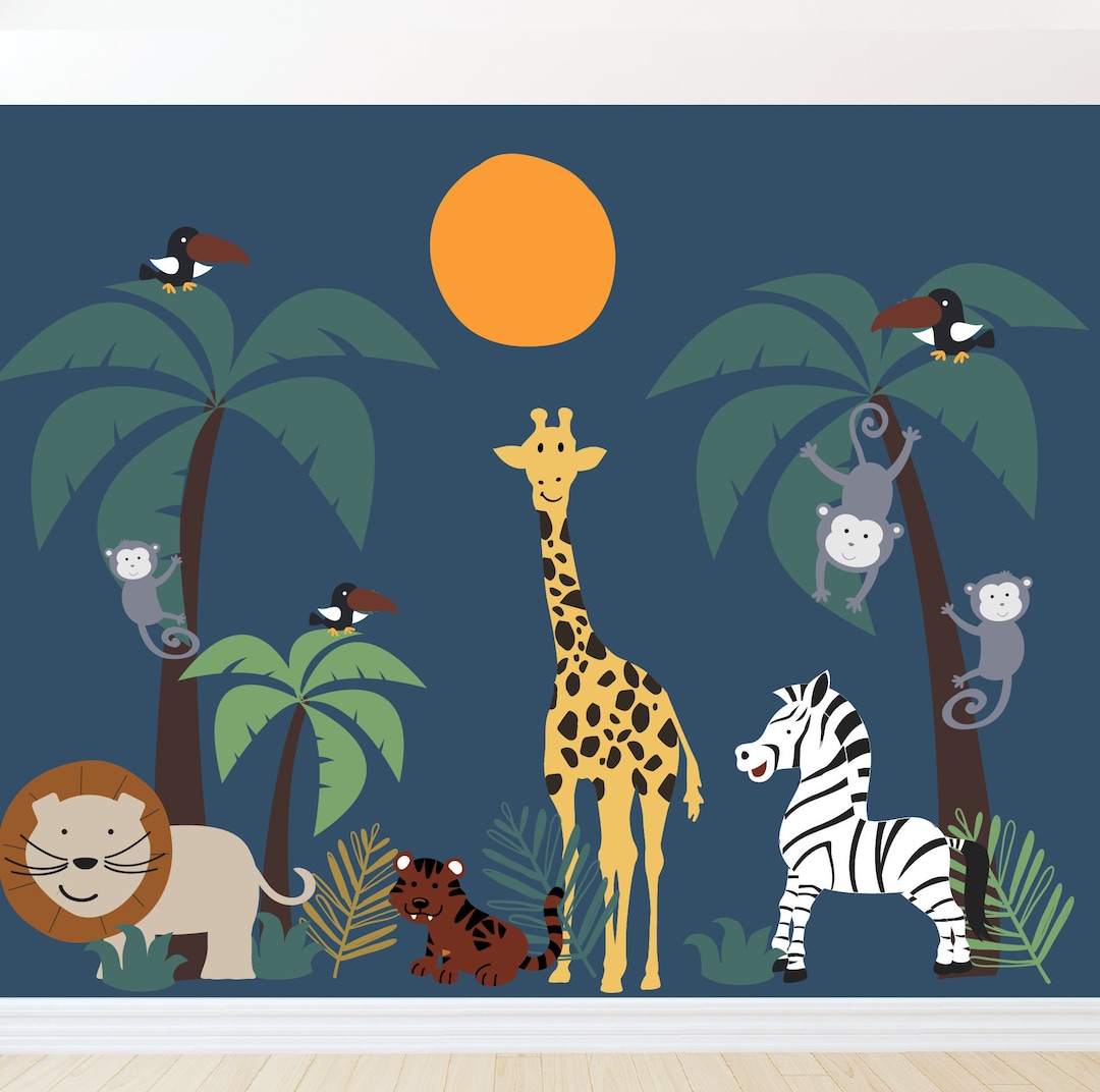 Wall Decal Palm Tree Safari Themed Animals Large Wall Stickers for ...