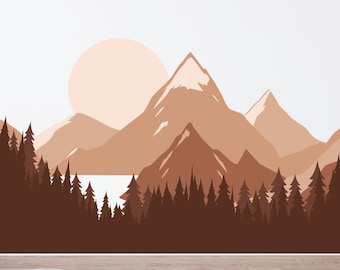 Mountain Wall Decal - Neutral Brown Forest Nursery Wall Decor - Peel and Stick Wall Mural - Olive Woodland Wall Mural - Sunset Lake Mountain