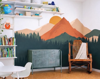 Large Sunset Mountain Forest Wall Decals, Custom Color Mural (Vinyl or Fabric)