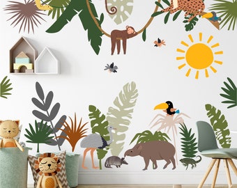 Kids Room Decals, Jungle Animals Wall Mural – Tropical Rainforest Peel and Stick Decals