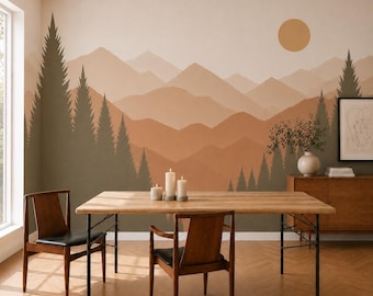 Muurschildering met berglandschap in lagen | Muursticker | Muurschildering met bos en bergen | Muurdecoratie met bergmotief voor de kinderkamer | Verwijderbare muurstickers