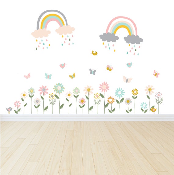 Flower and Rainbow Nursery Wall Decals: Butterfly & Bird Decor