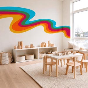 Vinilo decorativo de pared con rayas retro onduladas - Adhesivo de pared con diseño de arcoíris colorido de los años 70 - Vinilo decorativo de pared con diseño de arcoíris retro - Arcoíris para habitación infantil