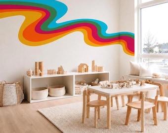 Wavy Retro Stripes Wall Decal - Colorful Rainbow 70's Wall Art Sticker - Retro Rainbow Wall Decal - Nursery Rainbow