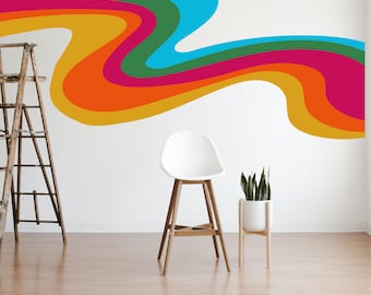 Colorful Wavy Retro Stripe Wall Decal/Easy to Apply Multiple Color/Size Options -Peel & Stick Vinyl or Fabric Material/70's Inspired Retro