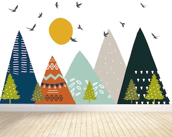 Kids Room Decals, Large mountain wall decals - teal - orange - dark green - aqua
