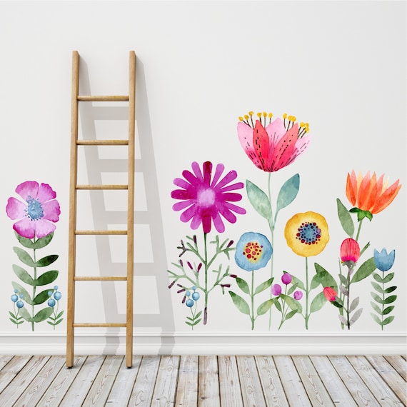 Watercolor Flower Wall Decals With Stems, Wall Decals, Vinyl Wall Decals,  Flower Wall Decals, Floral Wall Art, Flower Decals 