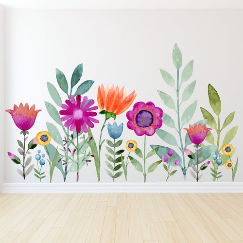Watercolor Flower Wall Decals With Stems Wall Decals Vinyl Etsy