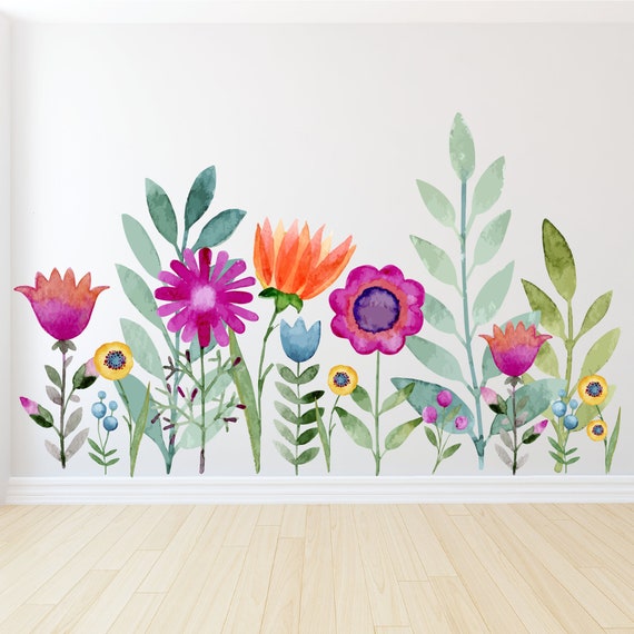 Watercolor Flower Wall Decals With Stems, Wall Decals, Vinyl Wall Decals,  Flower Wall Decals, Floral Wall Art, Flower Decals 