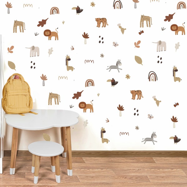 Jungle Safari Mini Wall Decals Set for Kids: Nursery, Playroom Decor in Neutrals, Browns, Featuring Lions, Tigers, Elephants, and Rainbows