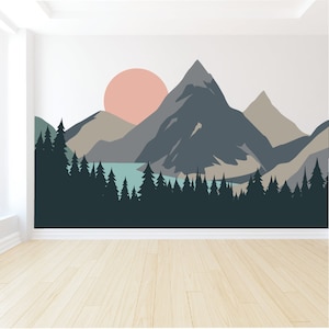 Mountain Wall Decal -  Nursery Wall Decor - Peel and Stick Wall Mural - Woodland Wall Mural - Forest Wall Mural - Pine Tree Wall Decal