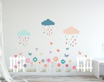 Daisy flower decals, Raindrops and Daisy flowers girls room decor, rainbow girls bedroom, girls garden bedroom ideas, shabby chic decor