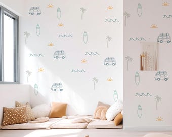 Ocean Wall Decals, Surf Wave Retro van Ocean Wall Decals, Palm Tree Decals, Sun Wall Decals, Boys Beach Room Decals, Gift for Nursery