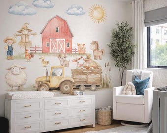 Watercolor Farm Nursery Wall Decals, Barn, Tractor, Animals Wall Stickers