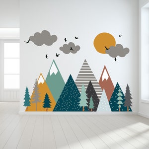 Mountain Wall Decals - Teal and Mustard - Boho Colored Nursery Wall Decor - Mountain Mural - Peel and Stick Mountains