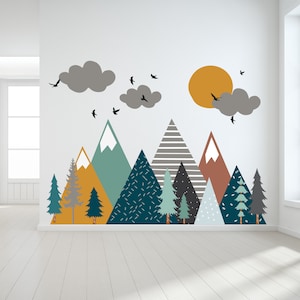 Mountain Wall Decals / Mountain Wall Mural / Boho Woodland / Forest / Pine Tree Fabric Wall Decal / Peel and Stick Vinyl Decals