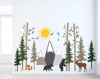 wall decals - woodland animals - gift for kid - nursery wall art neutral - forest wallpaper peel and stick - birch tree wall art
