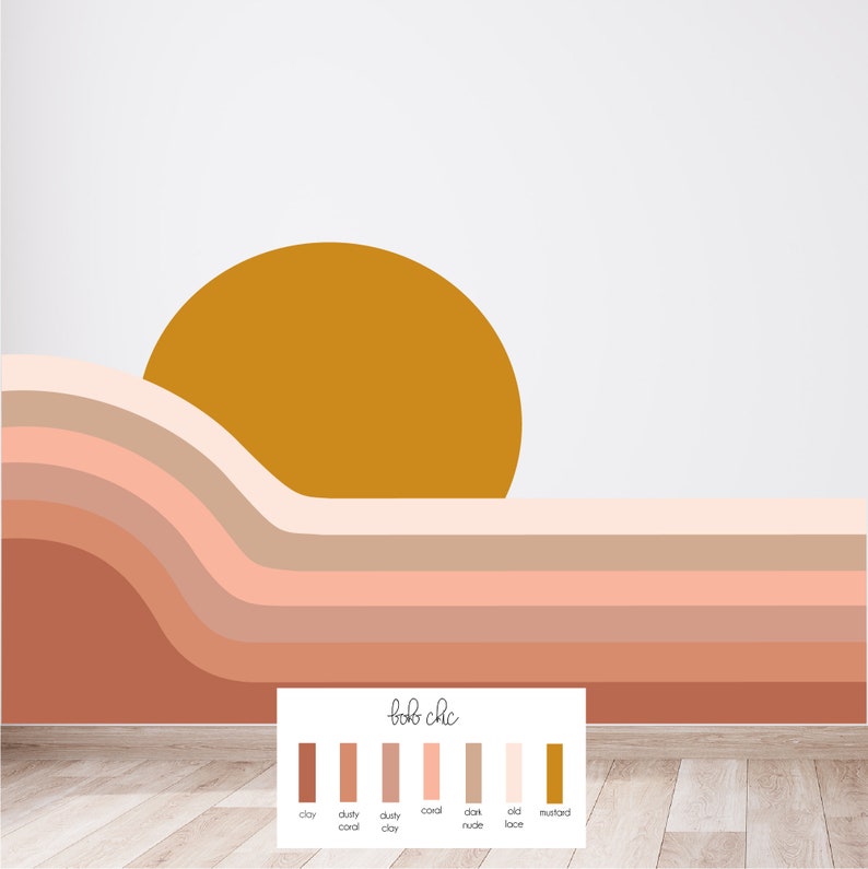 Puede incluir: Una ilustraci&oacute;n digital de una puesta de sol sobre una serie de l&iacute;neas curvas en tonos de rosa, naranja y marr&oacute;n. La ilustraci&oacute;n est&aacute; etiquetada como "boho chic" e incluye una paleta de colores con los nombres "arcilla", "coral polvoriento", "coral", "desnudo oscuro", "encaje antiguo" y "mostaza".