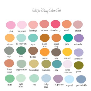 Puede incluir: Una carta de colores con 36 muestras de colores diferentes, cada una etiquetada con un nombre. Los nombres incluyen colores como rosa, cupcake, flamenco, salm&oacute;n, fresa, coral, borrador, c&iacute;tricos, espuma de mar clara, aqua, sol boho, arcilla coral, jade, glicinia, salvia, helecho, miel, zanahoria, ceniza, &aacute;mbar, lavanda, coral polvoriento, menta, mel&oacute;n, bamb&uacute;, cielo, peque&ntilde;a princesa, hierba, menta, menta clara, mar, azul beb&eacute;, morado claro, cristal y periwinkle.