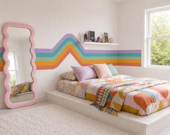 Verwijderbare muurstickers met retro strepen, hoeken en regenboogmotief voor de babykamer, speelkamer en boho-decoratie.