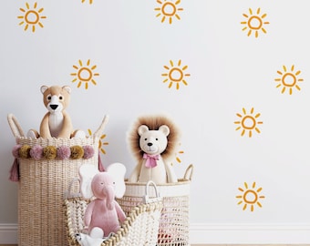 Vinilos decorativos de pared para habitación infantil con diseño de sol estilo bohemio, color naranja quemado.