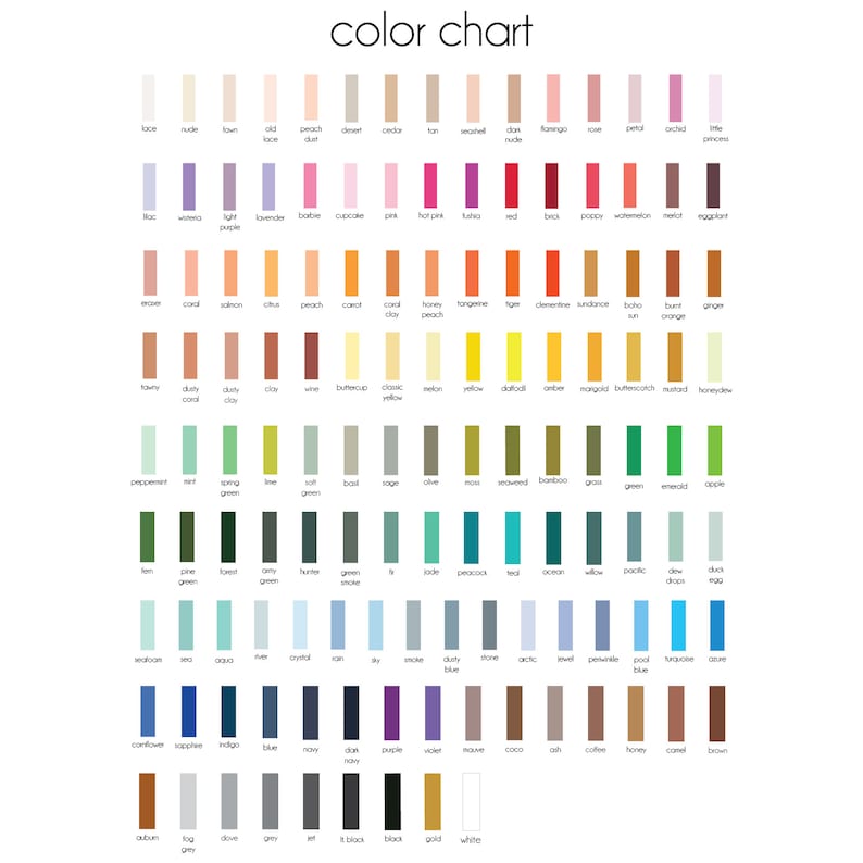 May include: A color chart with 100 different color swatches. Each swatch is labeled with a name, such as "peach", "coral", "classic yellow", "jade", "indigo", and "gold".