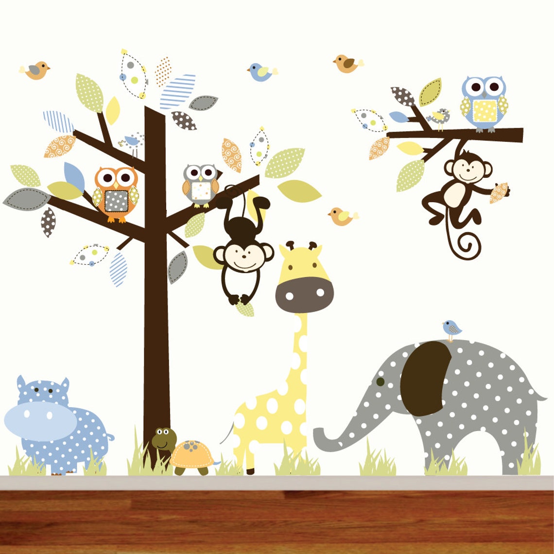 Childrens Wall Decal Jungle Safari Tree Monkeys Elephant Etsy