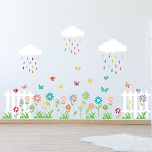 Flowers with Fence Vinyl Wall Decal – Butterflies, Birds, Clouds, and Rain – Kids Room Wall Stickers
