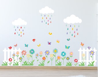 Flowers with Fence Vinyl Wall Decal – Butterflies, Birds, Clouds, and Rain – Kids Room Wall Stickers