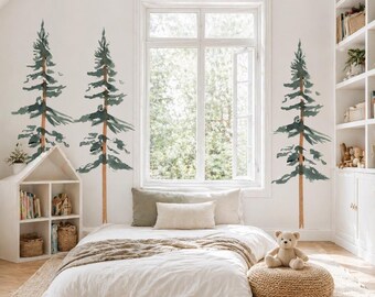 Watercolor Pine Tree Wall Decals Set, Woodland Nursery Wall Decal, Removable Peel and Stick Trees, Forest Kids Room Decor