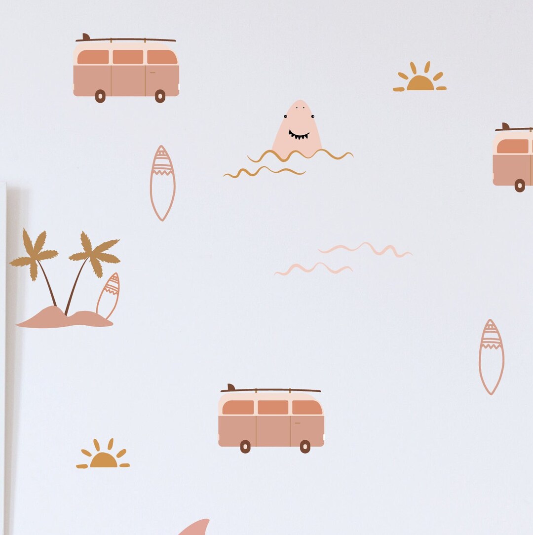 Ocean Wall Decals, Surf Wave Retro Van Ocean Wall Decals, Palm Tree ...
