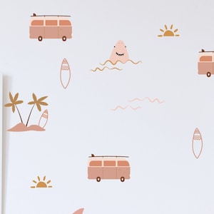 Ocean Wall Decals, Surf Wave Retro van Ocean Wall Decals, Palm Tree Decals, Sun Wall Decals, pink beach room