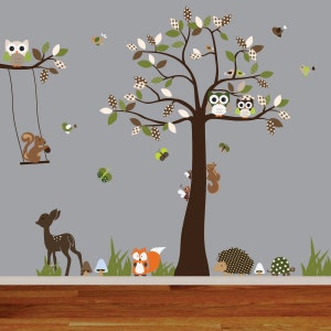 Vinyl Wall Decal woodland nursery wall decal,tree decal,deer,fox,hedgehog,squirrel,bird and owl image 1