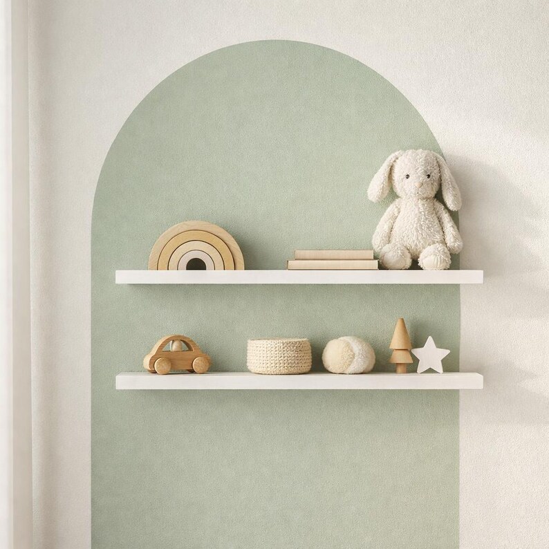 Puede incluir: Dos estantes blancos exhiben juguetes de madera contra una pared verde salvia. Los art&iacute;culos incluyen un arco&iacute;ris, un conejito de peluche, un coche de madera, una cesta tejida, una pelota, un &aacute;rbol y una estrella. Los estantes son parte de una guarder&iacute;a o sala de juegos.