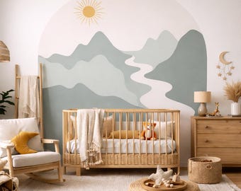 Boho Mountain Arch Nursery Wall Decal, Sage Green River Sun Mural