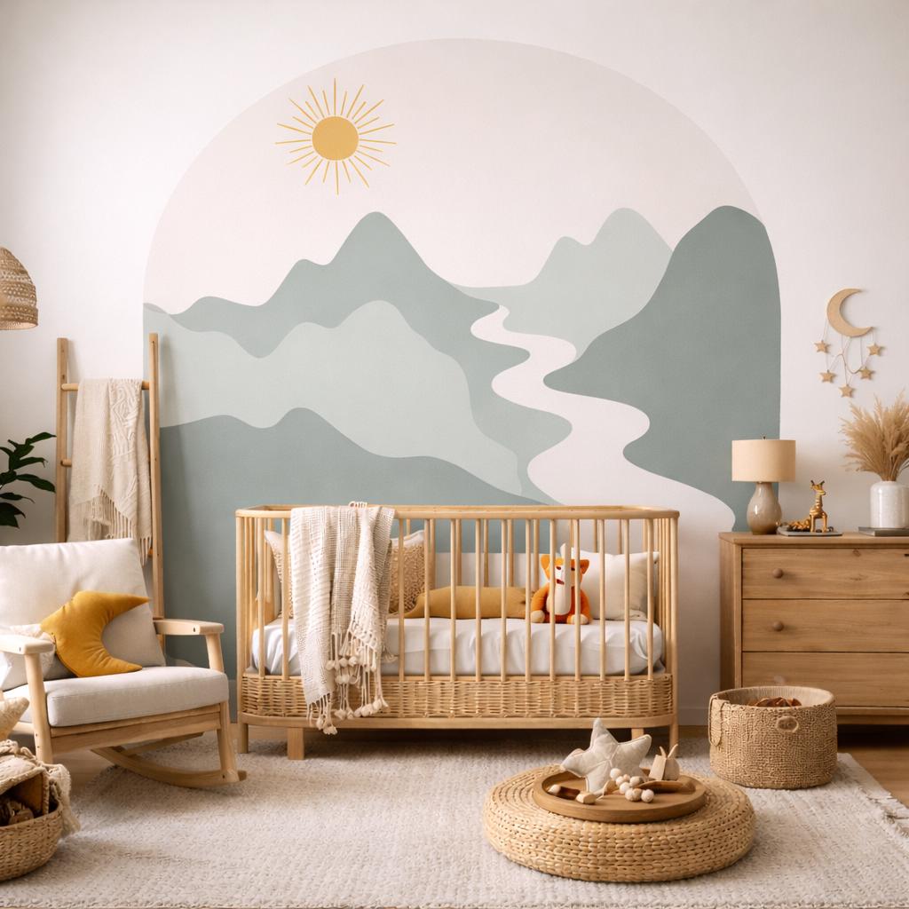 Boho Mountain Arch Nursery Wall Decal, Sage Green River Sun Mural - Etsy