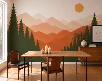 Muursticker met gelaagd berglandschap | Zelfklevende muurschildering | Muursticker met bos en bergen | Muurdecoratie voor de kinderkamer | Verwijderbare muurstickers